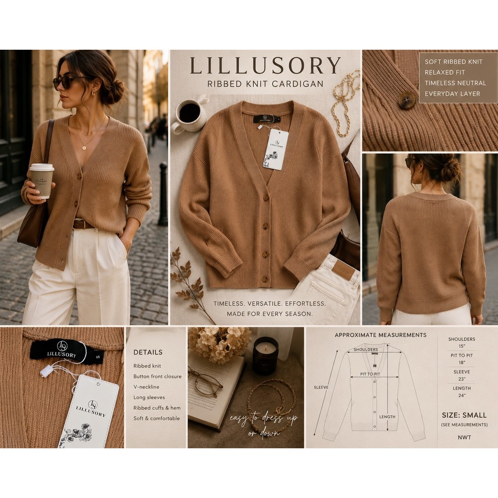 Lillusory Ribbed Knit Cardigan Sweater Tan V-Neck Button Front LS088-A06 Small